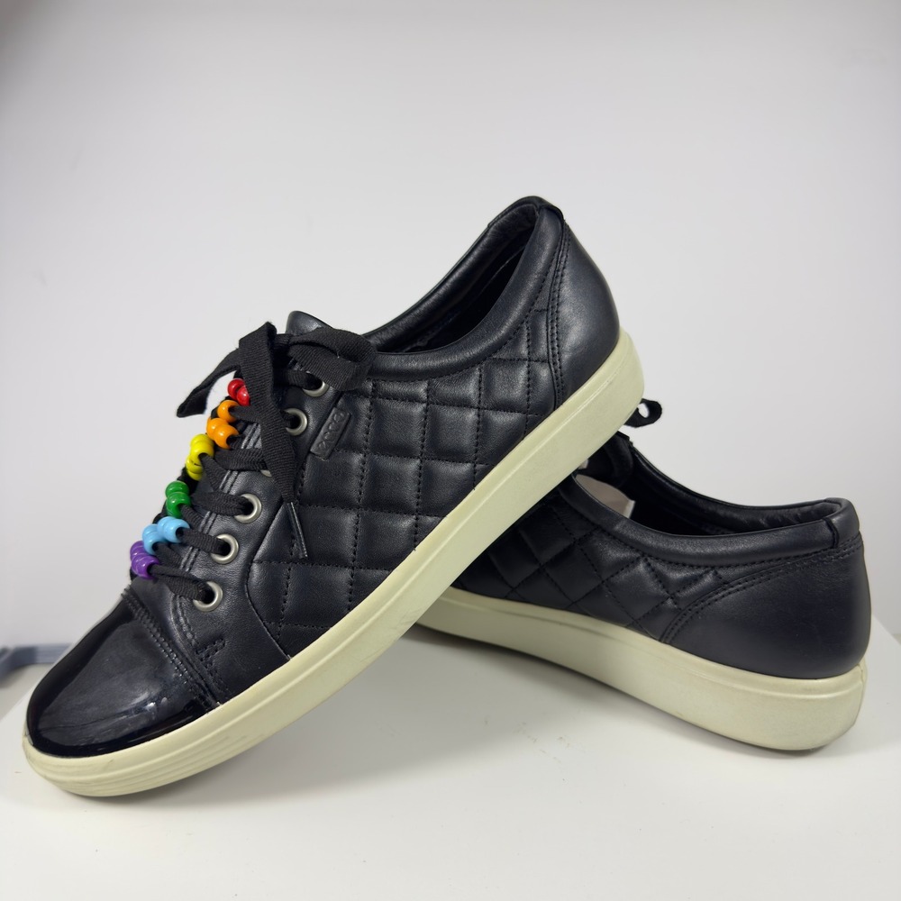ECCO Soft 7 Quilted Sneakers Womens Black Rainbow Bead Patent Size 9.5 Shoes